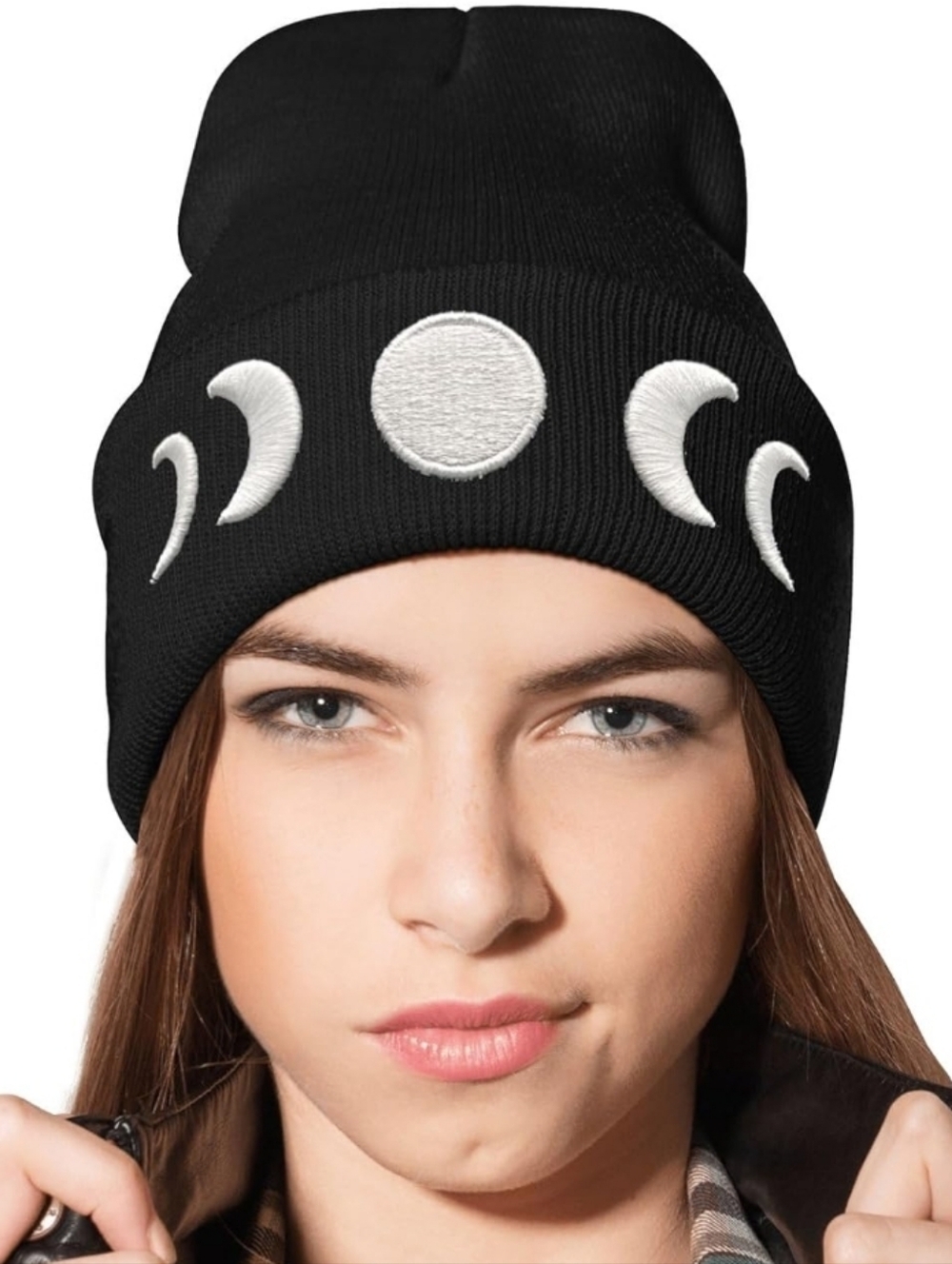 Black Moon Phase Embroidered Beanie -